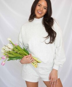 party on mock neck lounge set - white melange