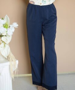 deep blue striped lace scalloped pants